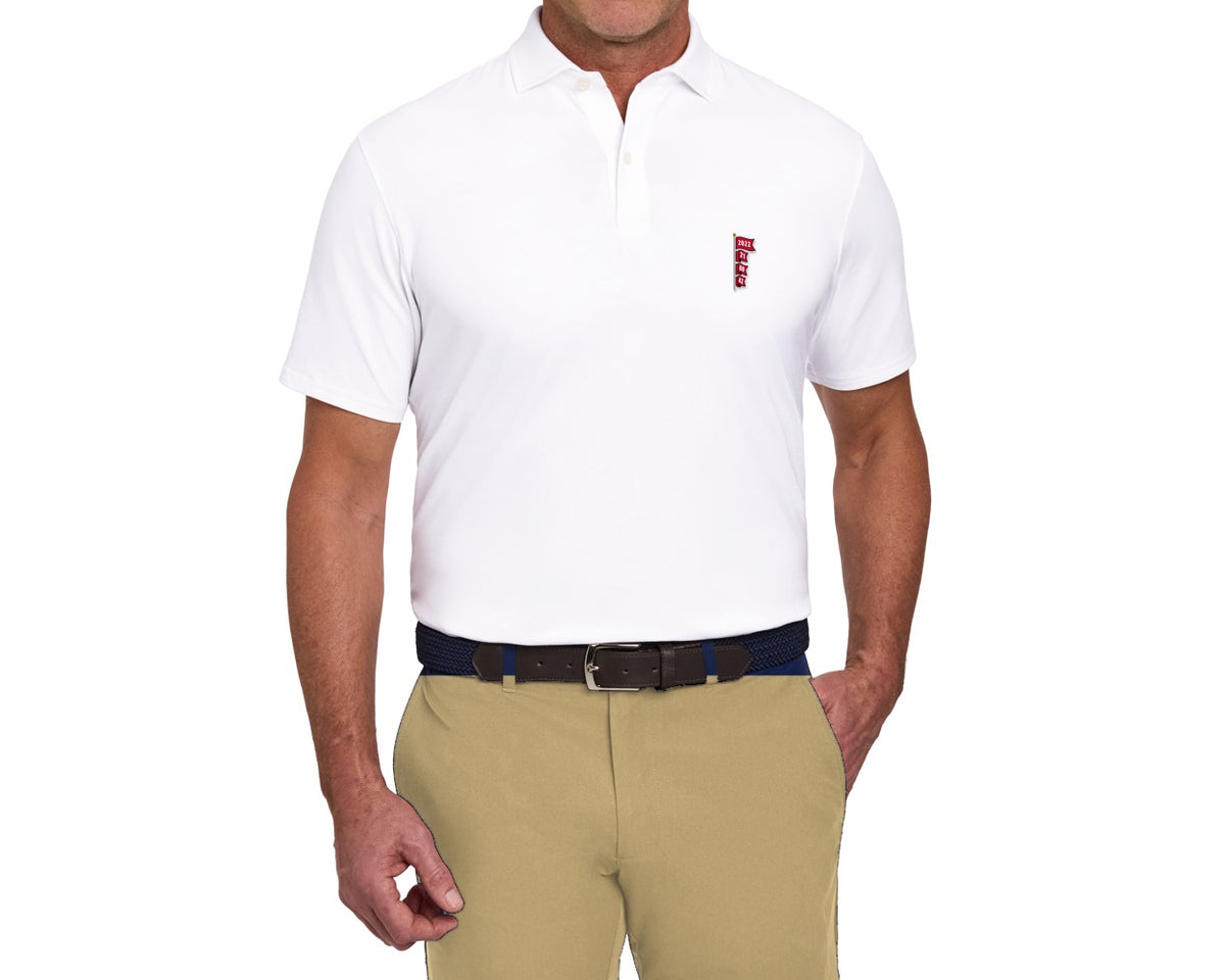 PMGN Banner Year Oliver Polo, white cotton polo with the four Banner Year pennants embroidered on the left chest