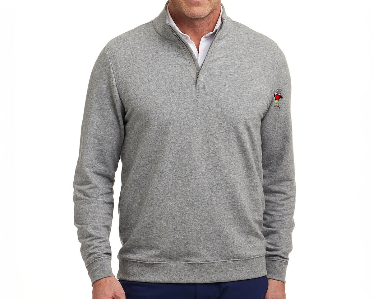 Deserving Poor Harper Quarter-Zip, heathered gray Holderness and Bourne Harper with the Deserving Poor mark embroidered on the left sleeve