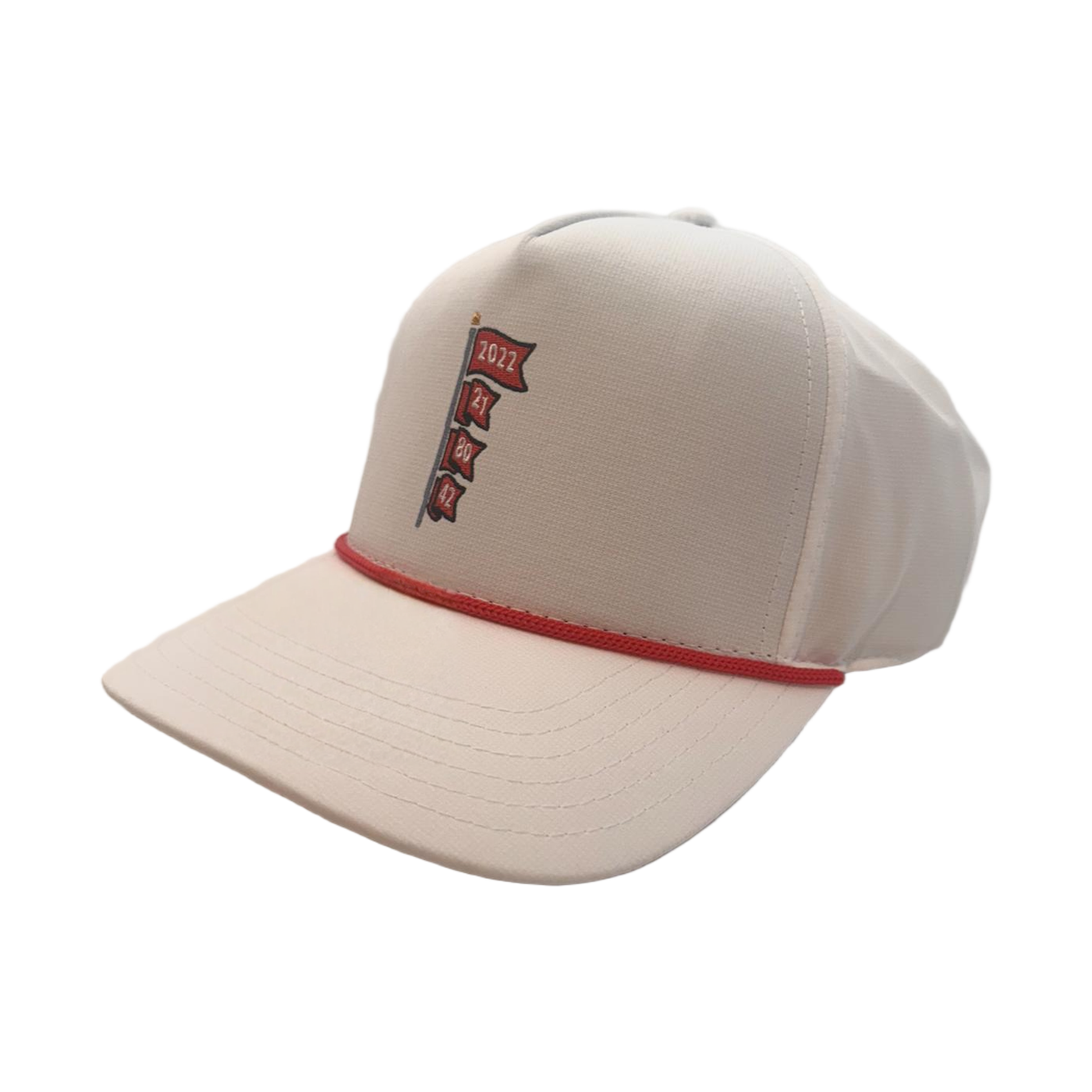Banner Year Rope Hat, white performance cap with red rope and Banner Year pennant embroidery, angled view