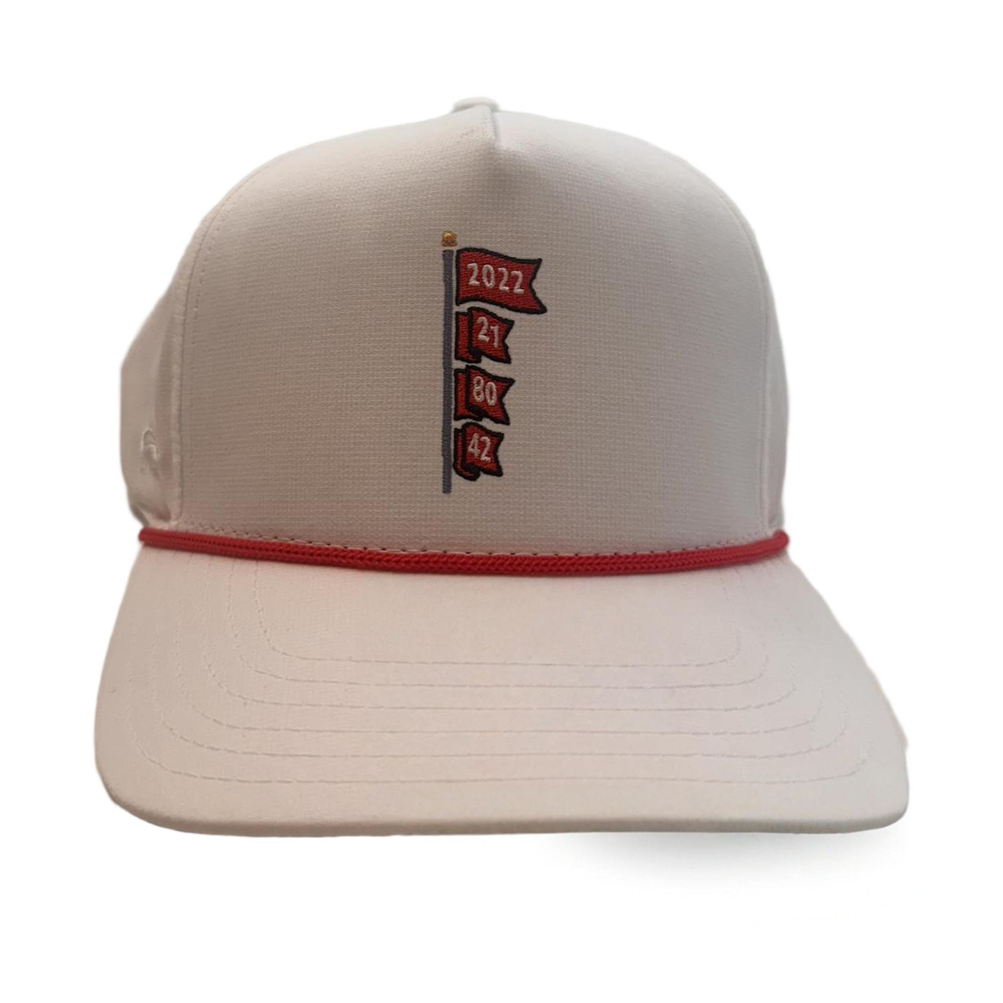 Banner Year Rope Hat, front view showing 2022 21 80 42 pennant embroidery