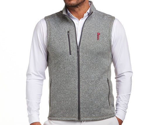 Banner Year Fleece Vest, heathered gray Holderness and Bourne Ashby vest with the four Banner Year pennants embroidered on the left chest