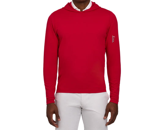 Banner Year Hoodie in red, Holderness and Bourne Jackson hoodie with the four Banner Year pennants embroidered on the left sleeve
