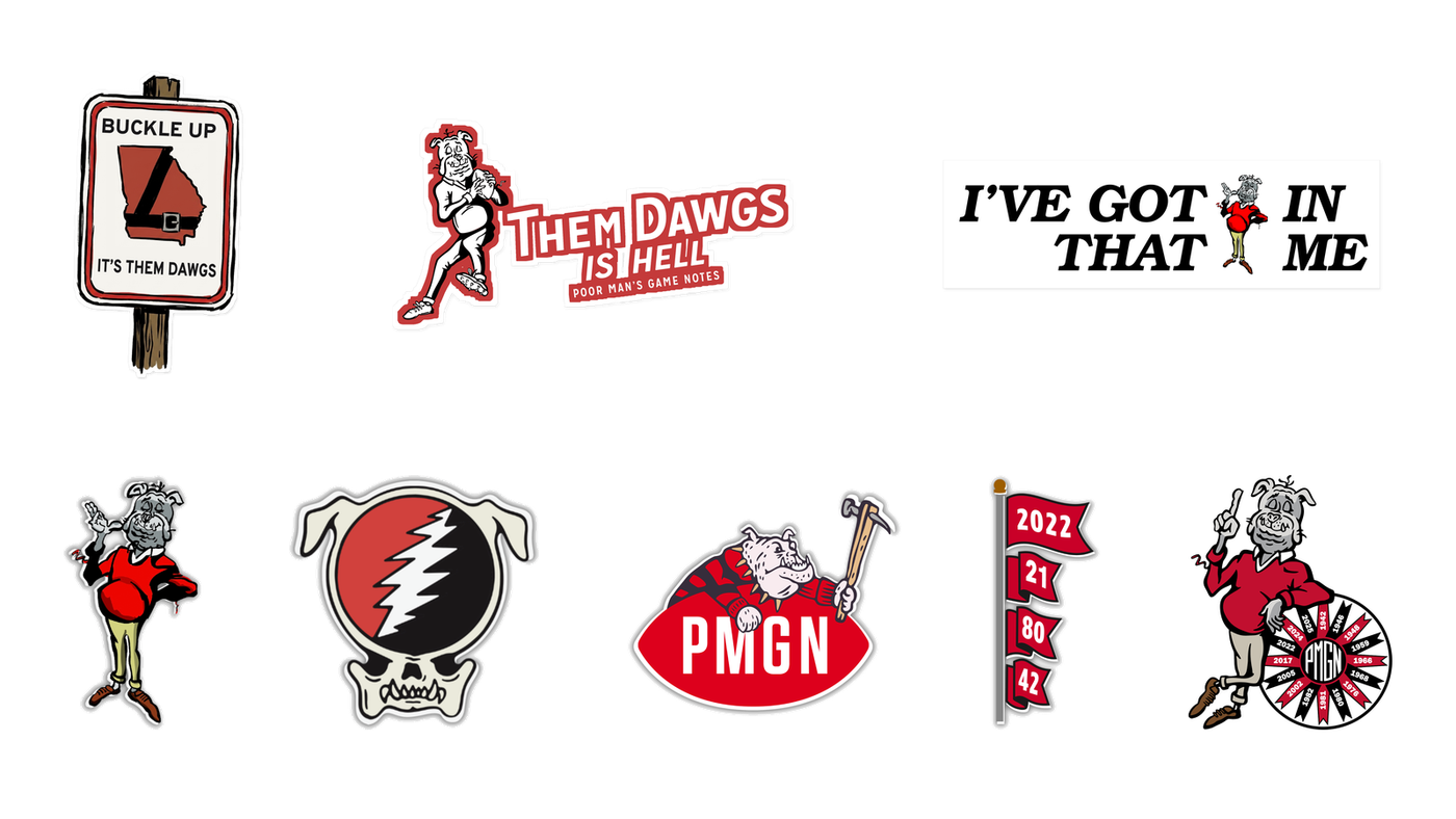 PMGN decal collection: Buckle Up, Them Dawgs Is Hell, I've Got That In Me, Poor Man, Play Dead, Masthead, Banner Year, Champions Pinwheel