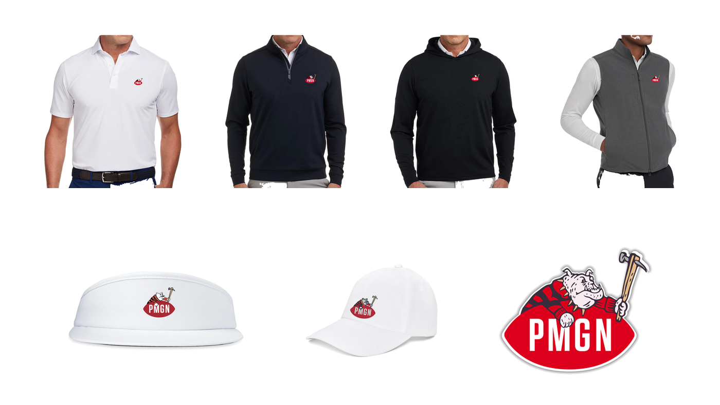 The PMGN Masthead collection: polo, quarter zip, hoodie, vest, tour visor, cotton-twill hat and decal